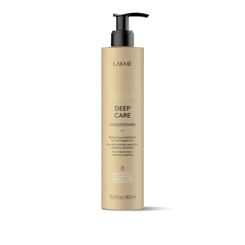 Deep Care Conditioner bottle with pump, designed for fortifying hair and reducing breakage. Contains geranium oil with floral scent.