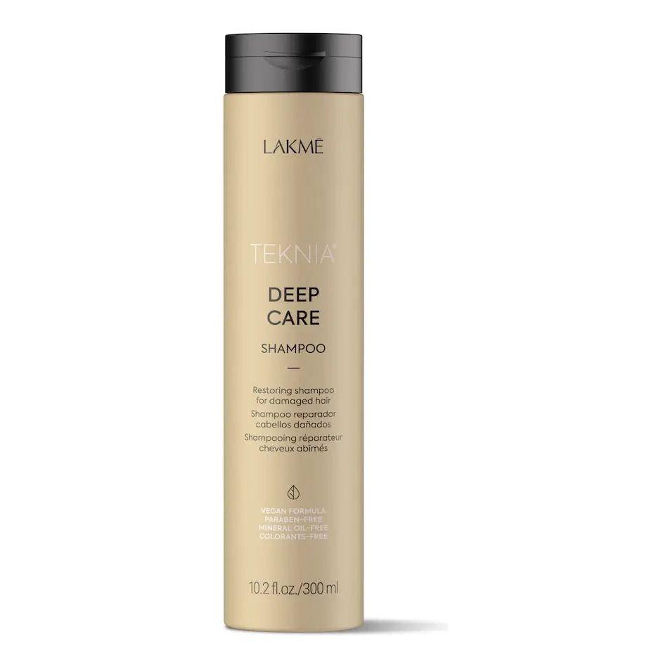 Lakme Teknia Deep Care Shampoo bottle enhances hair bonds, repairs, provides nourishment, and features a floral aroma with geranium.