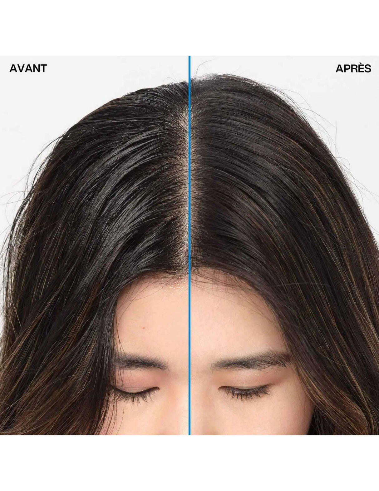 Comparison of hair before and after using Redken Deep Clean Dry Shampoo showing reduced oil and increased volume.