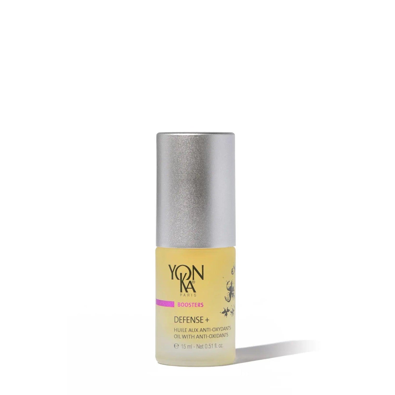 Yonka Defense+ Booster facial serum in silver and yellow bottle, designed for environmental protection and suitable for all skin types.