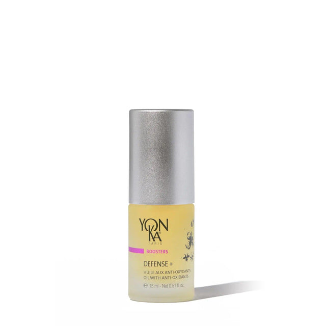 Yonka Defense+ Booster facial serum in silver and yellow bottle, designed for environmental protection and suitable for all skin types.