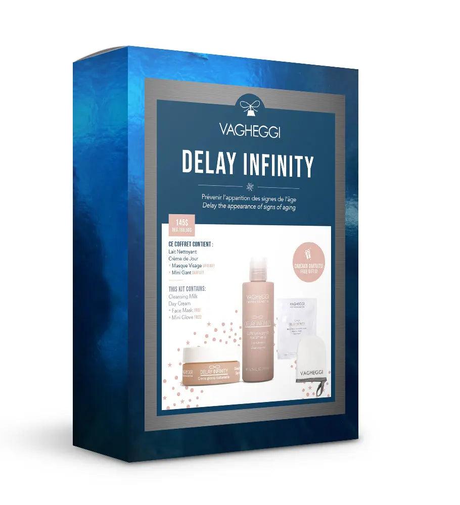 Delay Infinity Christmas Gift Set includes Cleansing Lotion, Daily Moisturizer, Facial Mask, and Mini Mitt for skincare.