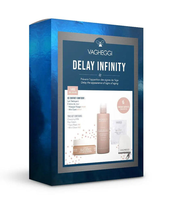 Delay Infinity Christmas Gift Set includes Cleansing Lotion, Daily Moisturizer, Facial Mask, and Mini Mitt for skincare.