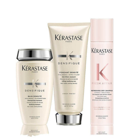 Densifique Fresh Affair Hair Care Set for fine hair, includes Bain Densifique, Fondant Densité Conditioner, and Fresh Affair Dry Shampoo.