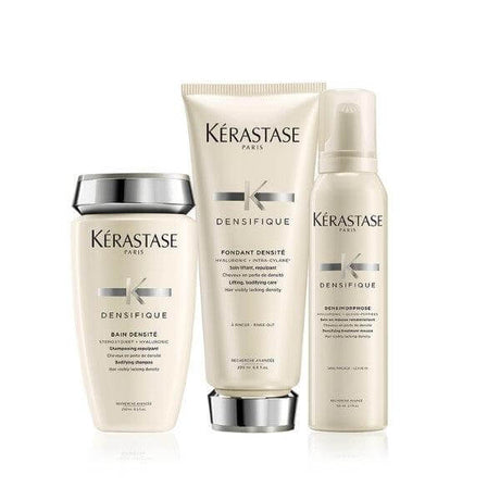Densifique Thinning Hair Set with Bain Densifique, Fondant Densité Conditioner, and Hair Mousse for hair density and volume.