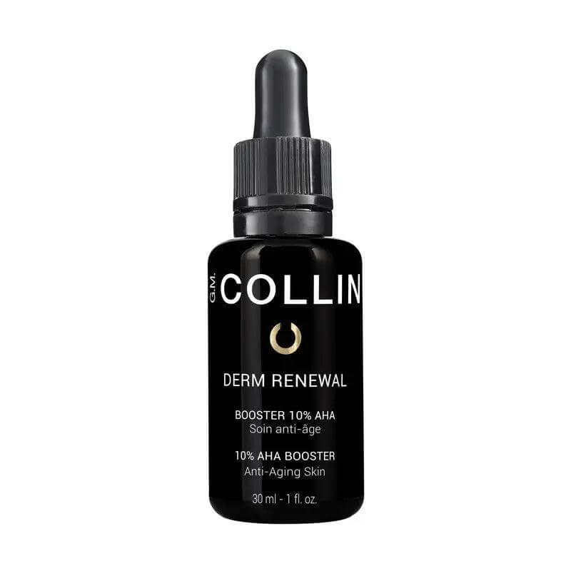 Derm Renewal Booster 10% AHA serum bottle for anti-aging, revitalizes fatigued skin, promotes radiance and hydration.