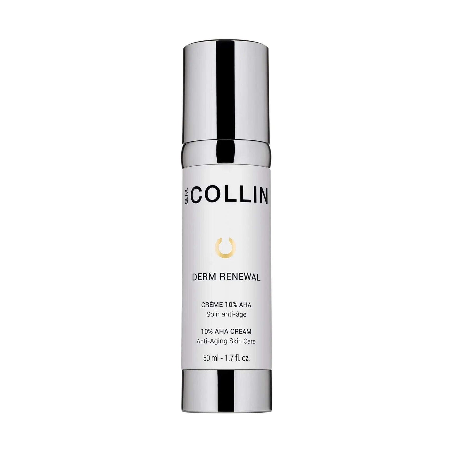 Derm Renewal Cream 10% AHA bottle for anti-aging and smooth skin texture.