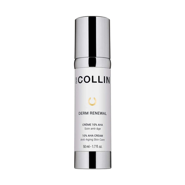 Derm Renewal Cream 10% AHA bottle for anti-aging and smooth skin texture.