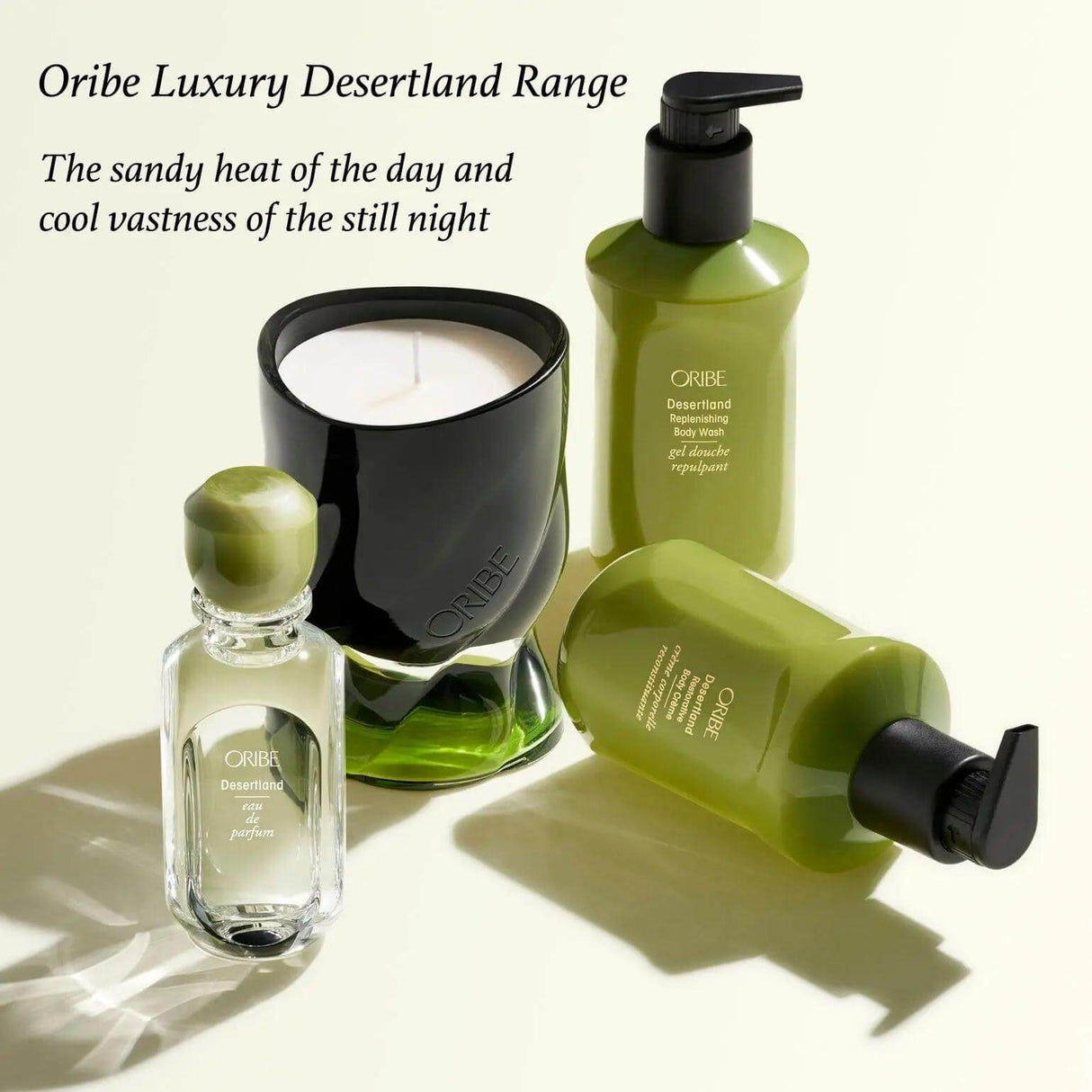 Oribe Desertland scented candle set with juniper, lavender, and cedarwood, capturing the essence of desert heat and tranquility.