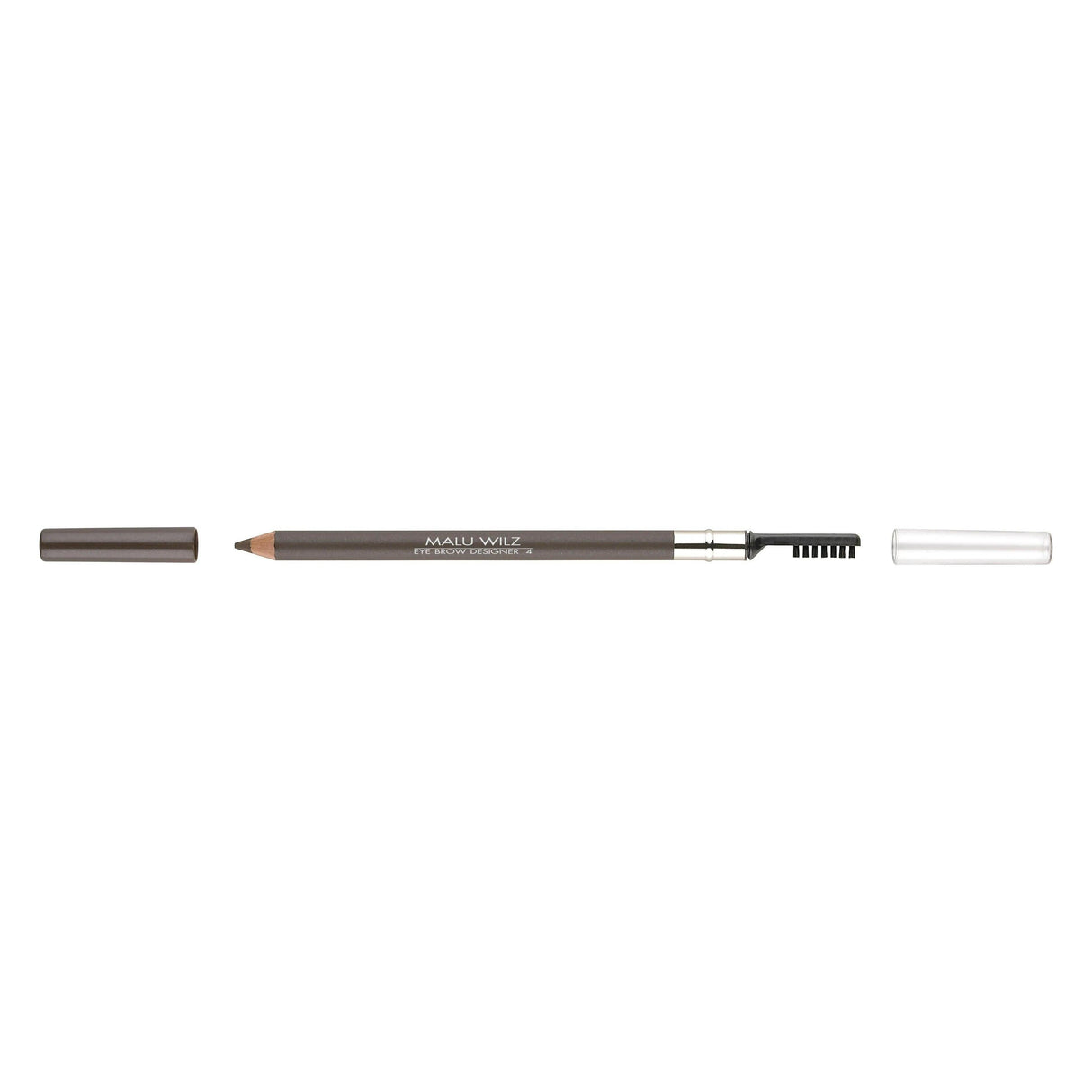 Malu Wilz Designer Eyebrow Pencil with brush for defining and grooming brows, offering buildable coverage and a natural matte finish.