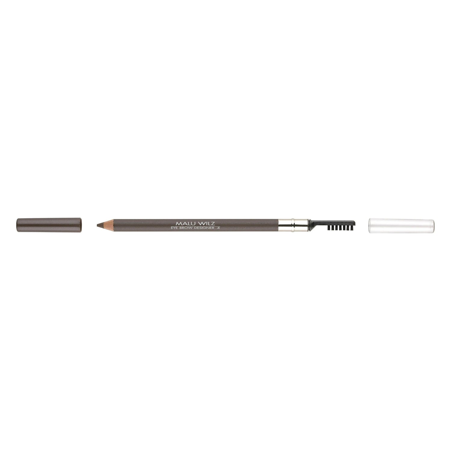 Malu Wilz Designer Eyebrow Pencil with brush for defining and grooming brows, offering buildable coverage and a natural matte finish.
