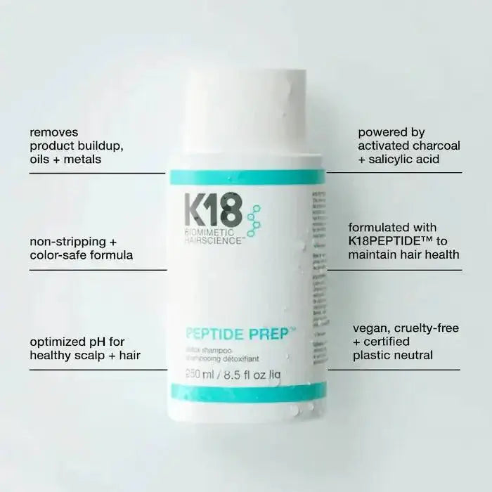 PEPTIDE PREP Detox Shampoo bottle with features: removes build-up, color-safe, pH-optimized, vegan, powered by K18PEPTIDE.