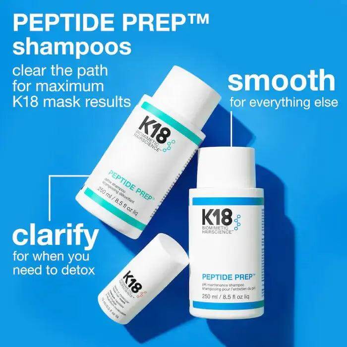K18 PEPTIDE PREP Detox Shampoo bottles on blue background with text highlighting features like clarify and smooth.