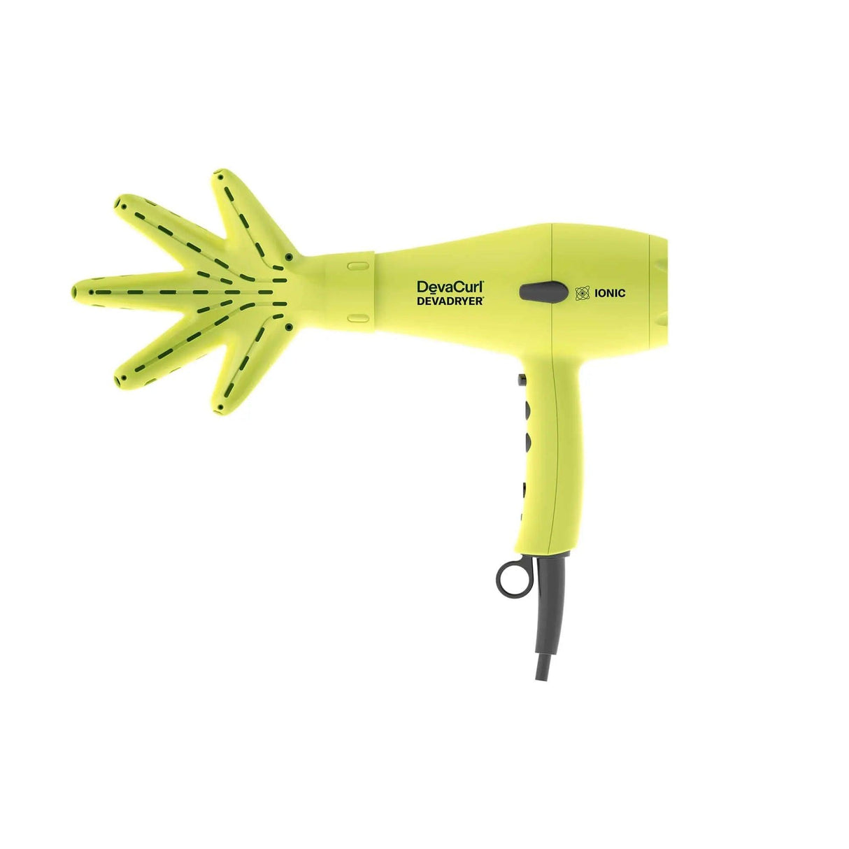 Devadryer & Devafuser hair dryer with ionic technology in lime green for curly hair styling.