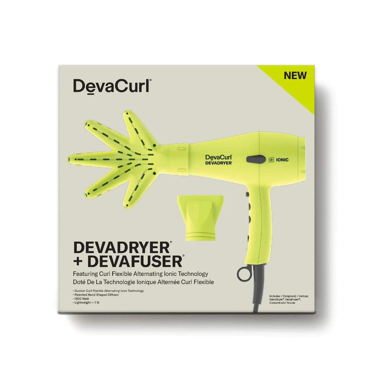 DevaCurl Devadryer and Devafuser set with curl flexibility technology, showcasing innovative hair care tools in green packaging.