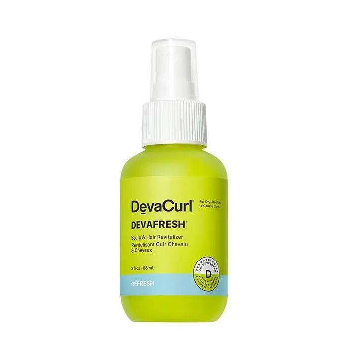 DevaCurl Devafresh Scalp & Hair Revitalizer bottle for curls reducing frizz and odor with moisture and cooling effect.