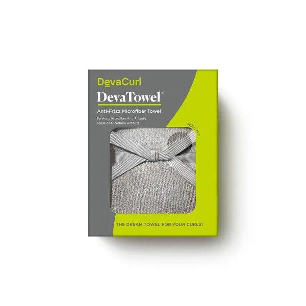 DevaTowel packaging highlighting anti-frizz microfiber towel for enhancing curl shape, 39x20 dimensions, grey color