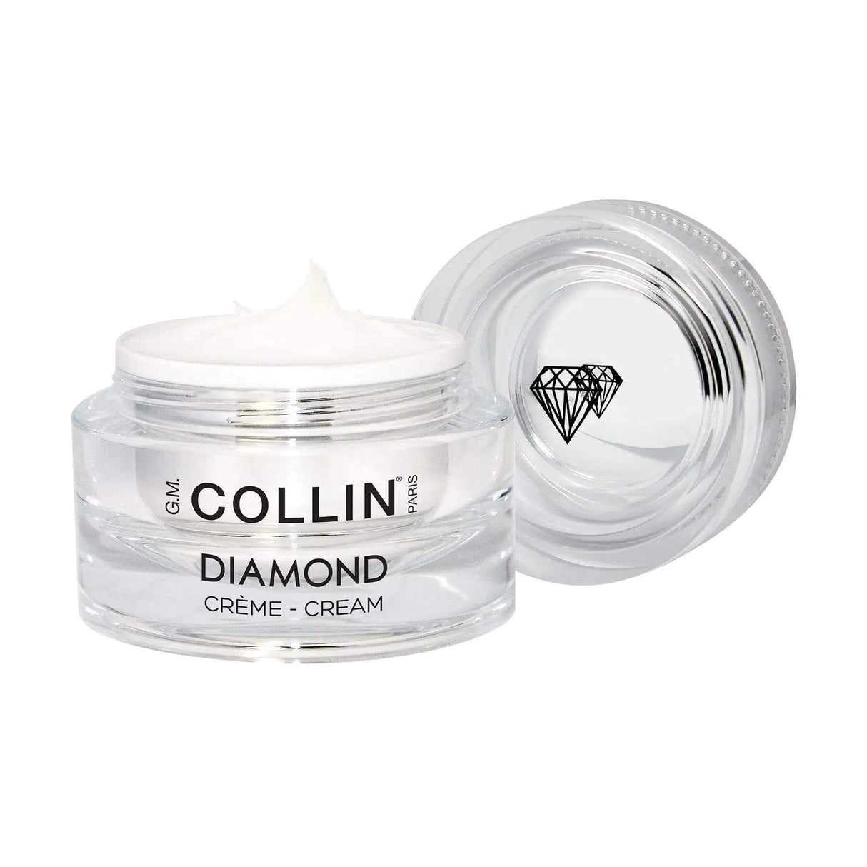 Open jar of G.M. Collin Diamond Cream, showing the luxurious texture, designed to enhance skin firmness and elasticity.