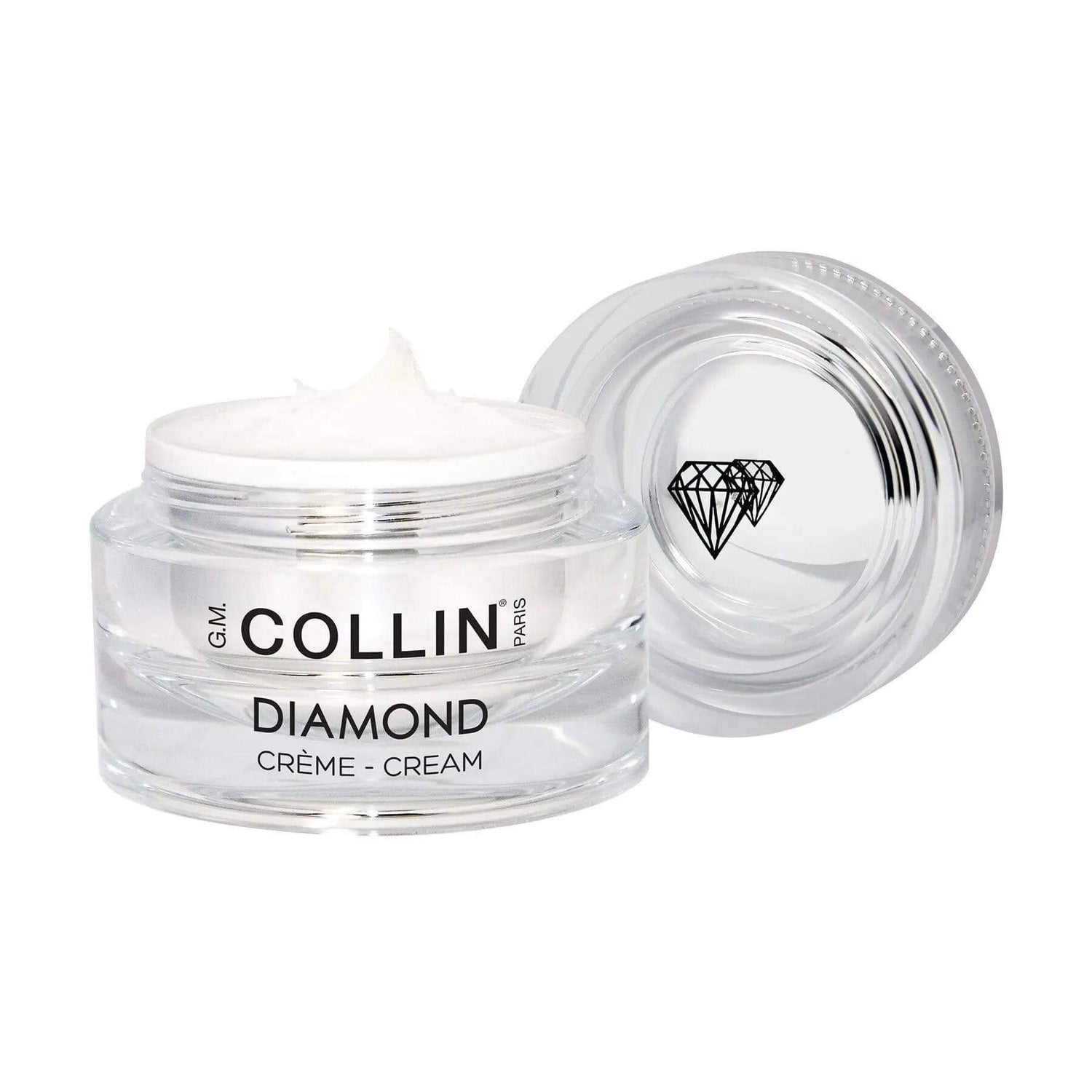 Open jar of G.M. Collin Diamond Cream, showing the luxurious texture, designed to enhance skin firmness and elasticity.