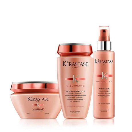 Kerastase Discipline Anti-Frizz Deep Treatment Hair Care Set with shampoo, mask, and spray for frizzy or curly hair.