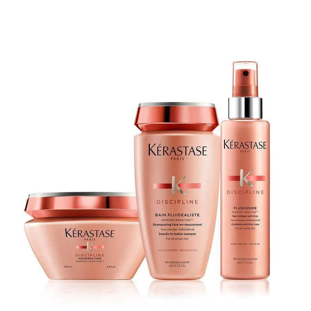Kerastase Discipline Anti-Frizz Deep Treatment Hair Care Set with shampoo, mask, and spray for frizzy or curly hair.