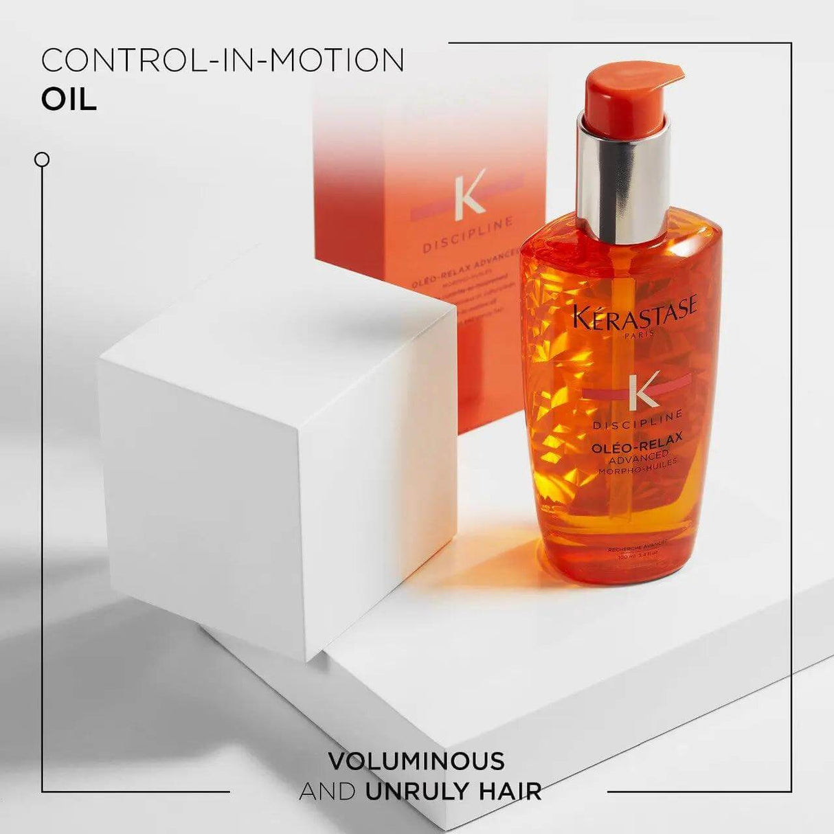 Kérastase Discipline Oléo-Relax Control-In-Motion Oil bottle for frizzy, unruly hair on white background.