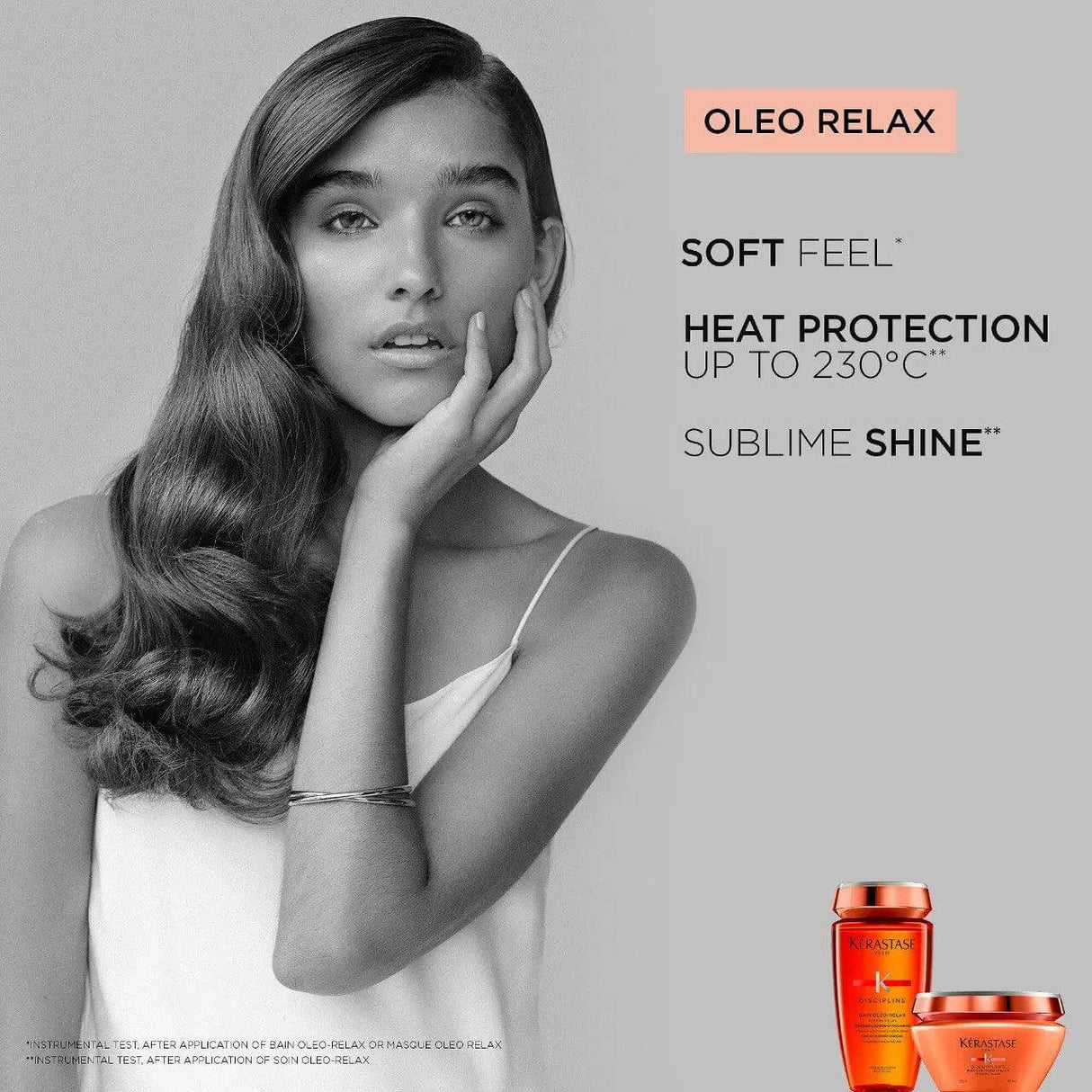 Model showcasing smooth hair with Kérastase Oleo-Relax products, featuring benefits like soft feel, heat protection, and sublime shine.