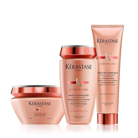 Kérastase Discipline Unruly Deep Treatment Hair Care Set for managing frizzy, wavy hair, includes shampoo, mask, and heat protector.