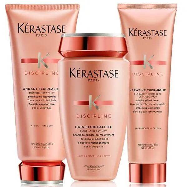 Kerastase Discipline Unruly Hair Set with shampoo, conditioner, and heat protector for smooth, frizz-free hair care.