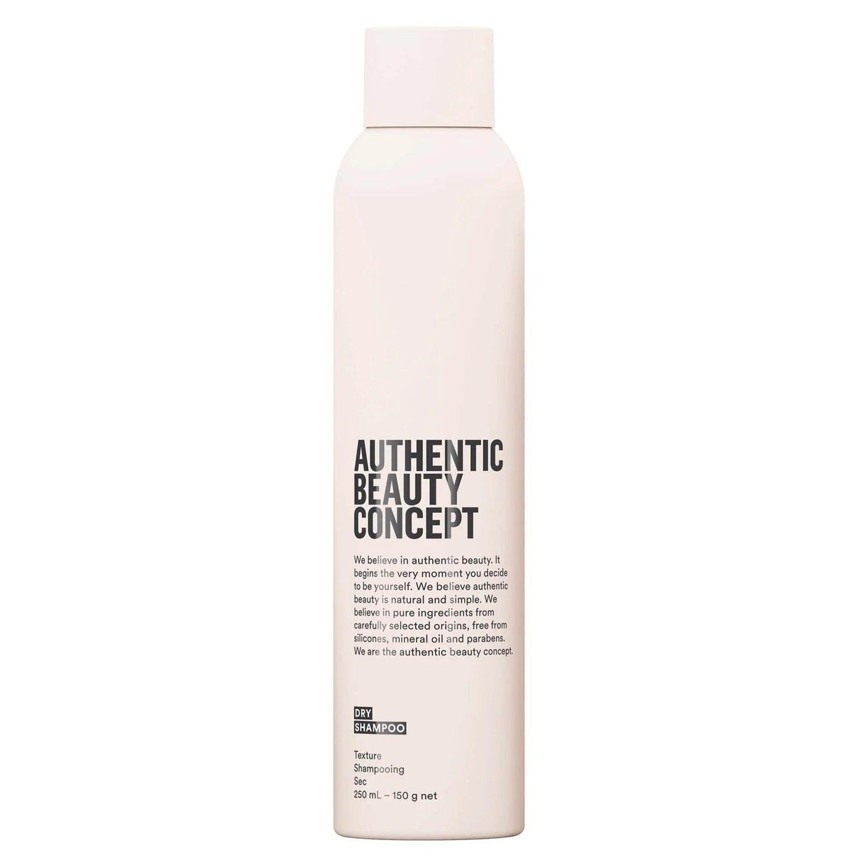 Authentic Beauty Concept Dry Shampoo bottle, cruelty-free, vegan, adds texture and revitalizes styles, 150g aerosol.