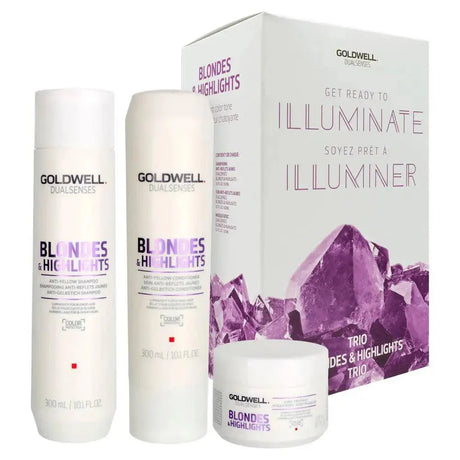Goldwell Dualsenses Blondes & Highlights Trio Set with Shampoo, Conditioner, and Treatment for Blonde Hair Care.