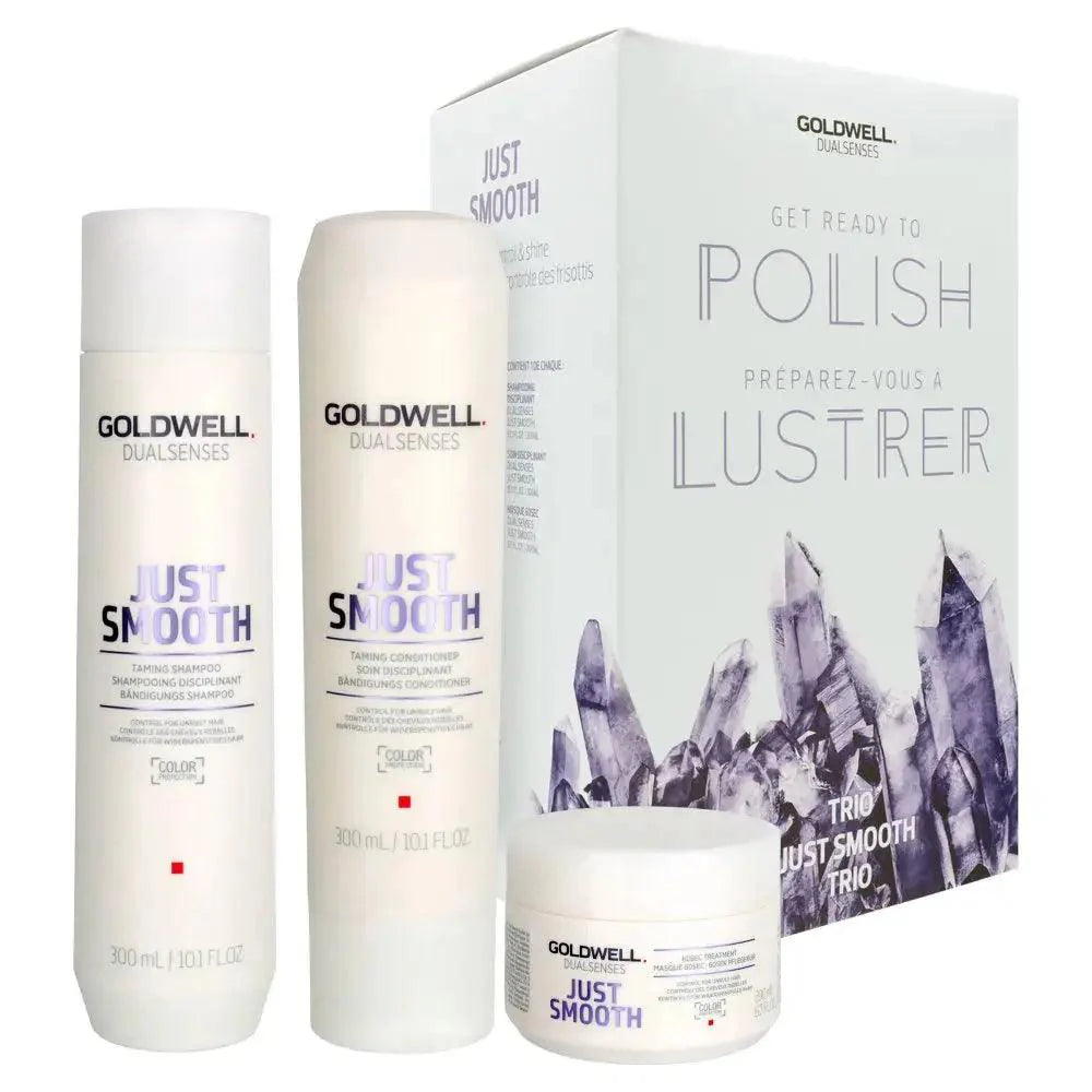 Goldwell Dualsenses Just Smooth Trio with shampoo, conditioner, and treatment for frizz control and color vibrancy.