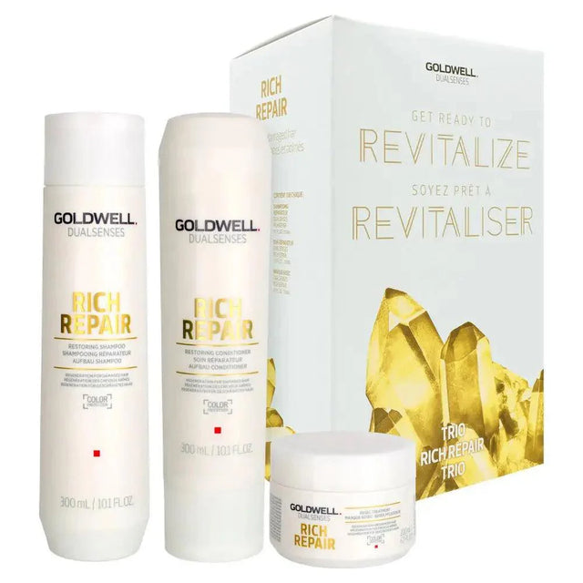 Goldwell Dualsenses Revitalize Rich Repair Trio set with shampoo, conditioner, and treatment for nourished, vibrant hair.