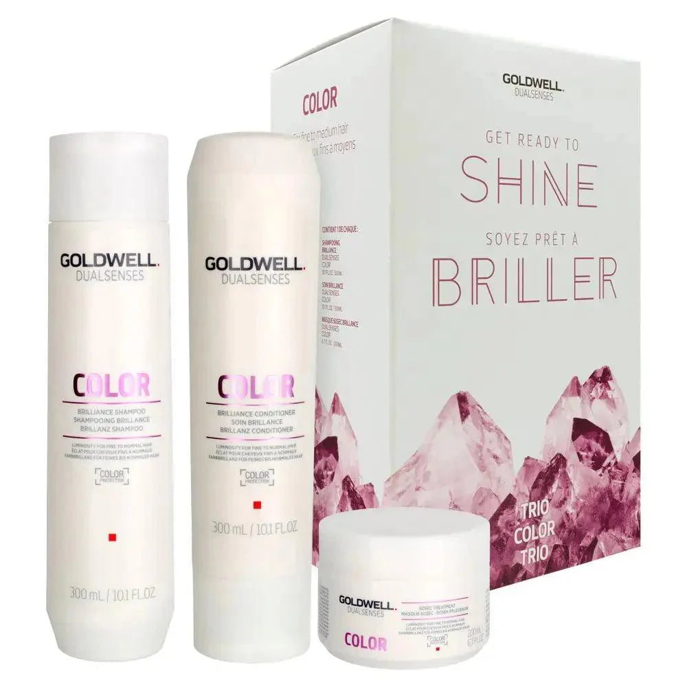 Goldwell Dualsenses Shine Color Brilliance Trio set with shampoo, conditioner, and treatment mask for vibrant color-treated hair