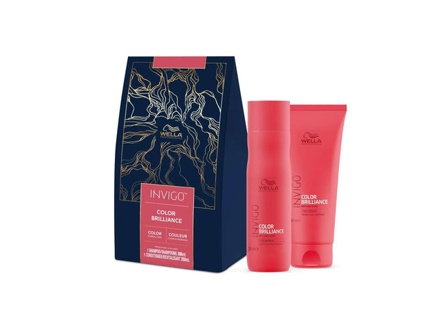 Duo Invigo Brillance set with shampoo and conditioner for fine/normal hair, 300ml shampoo and 250ml conditioner in red packaging.