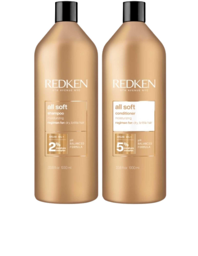 Redken Duo Liters - All Soft Shampoo & Conditioner for dry, brittle hair, providing deep hydration and nourishment.