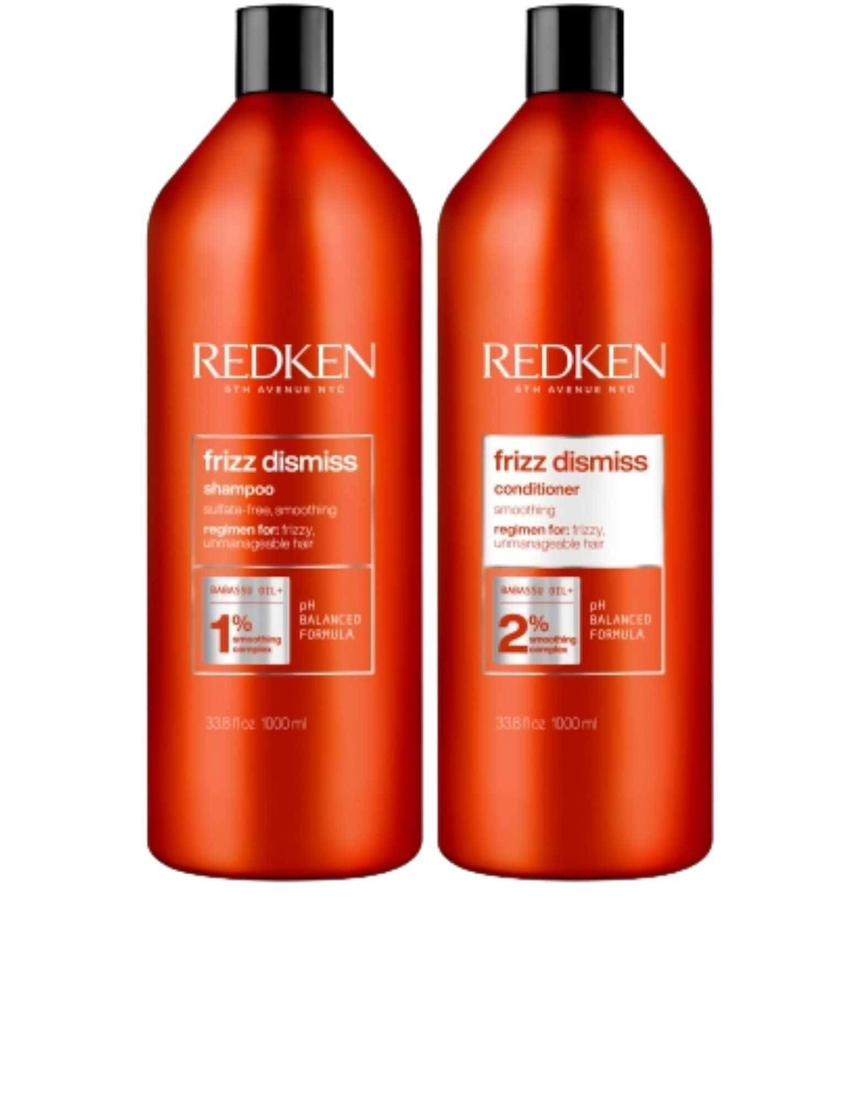 Redken Duo Liters Frizz Dismiss Shampoo and Conditioner set for reducing frizz and smoothing all hair types and textures.