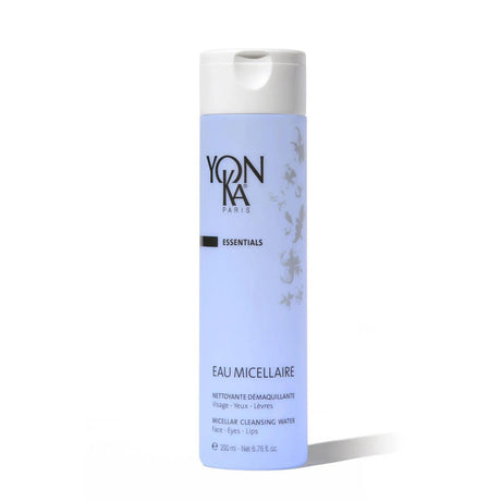 Bottle of Yonka Eau Micellaire soothing micellar water for makeup removal, skin cleansing, and hydration. Suitable for sensitive skin.