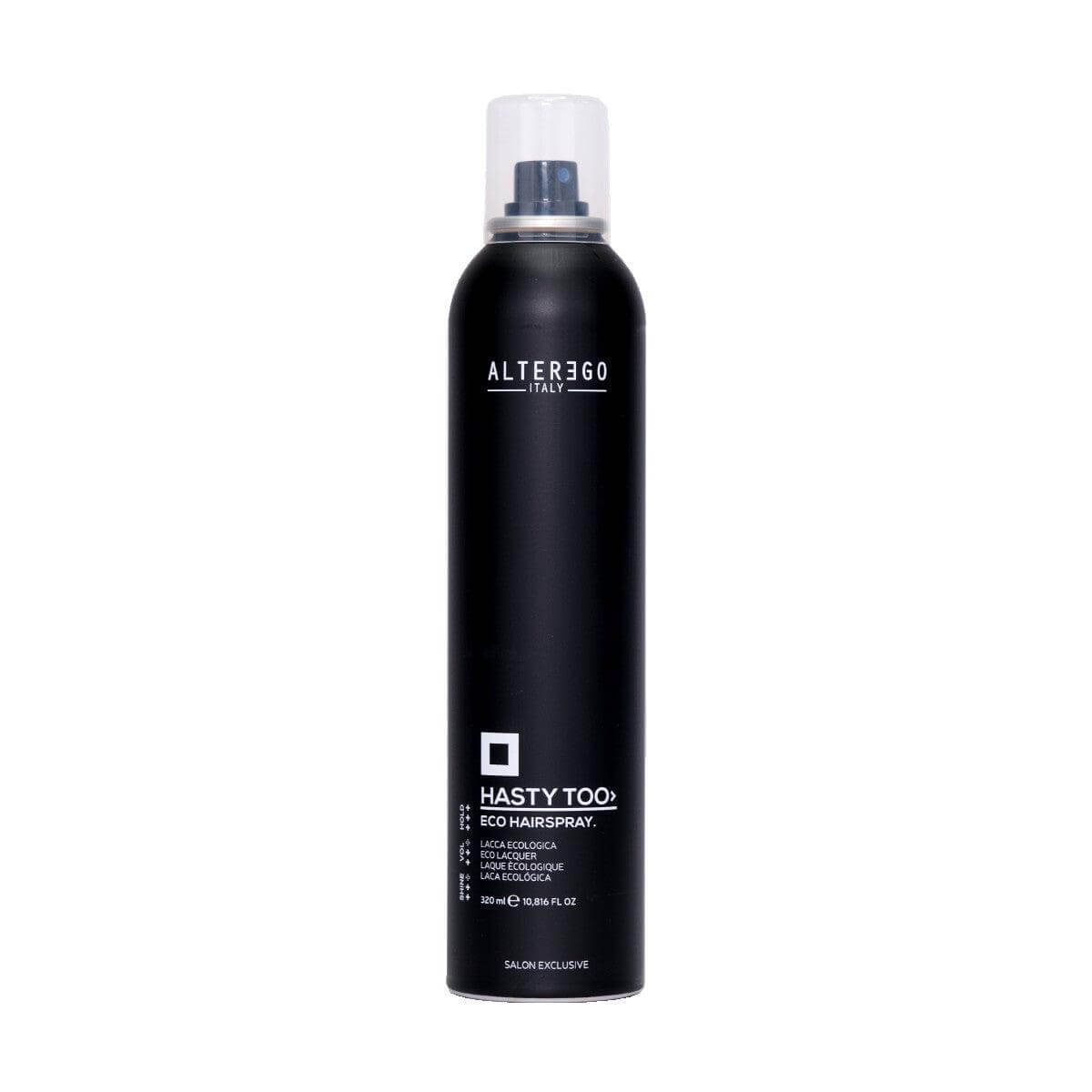 Alter Ego Italy Eco Hairspray bottle for enhancing curls, volume, and manageability while conditioning and hydrating hair.