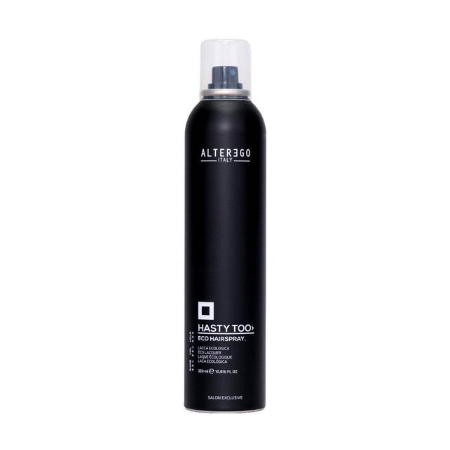 Alter Ego Italy Eco Hairspray bottle for enhancing curls, volume, and manageability while conditioning and hydrating hair.
