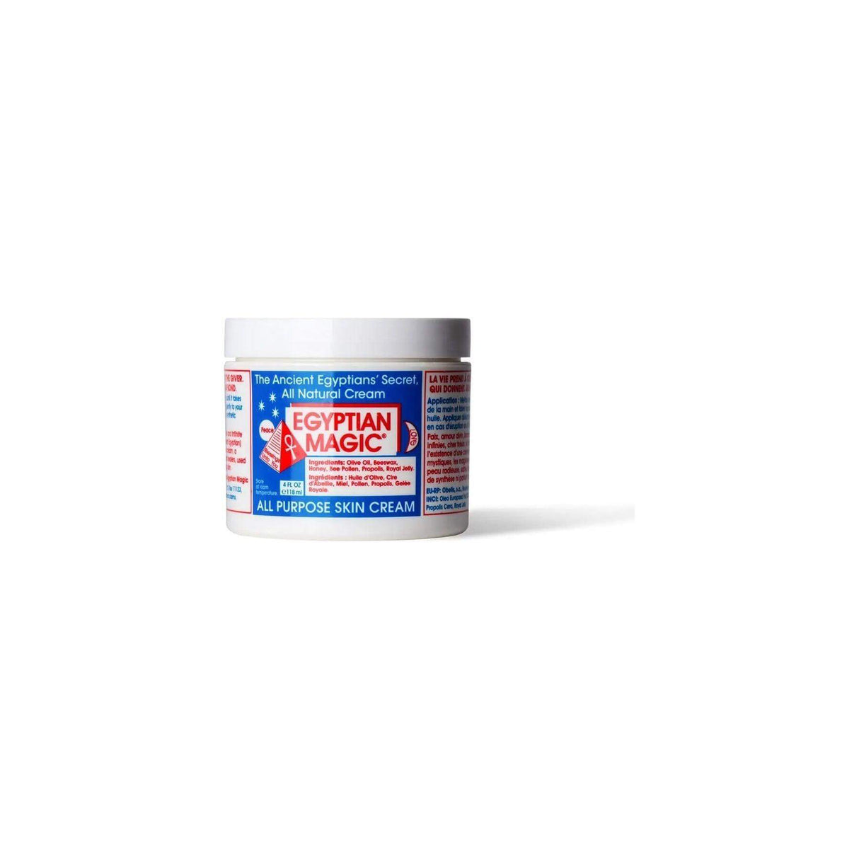 Egyptian Magic All-Purpose Skin Cream jar with blue and red label showcasing natural skin healing balm. "The People's Choice" since 1991.