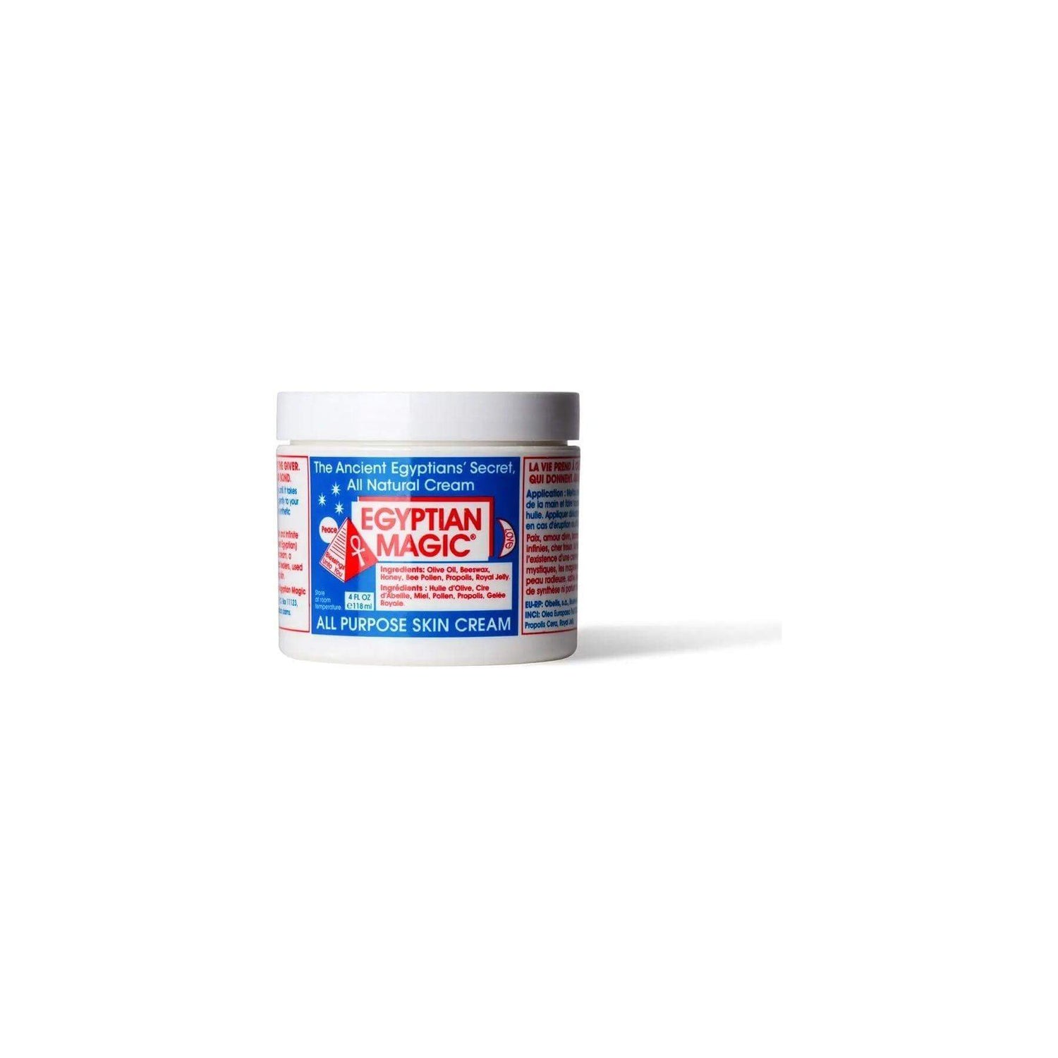 Egyptian Magic All-Purpose Skin Cream jar with blue and red label showcasing natural skin healing balm. "The People's Choice" since 1991.