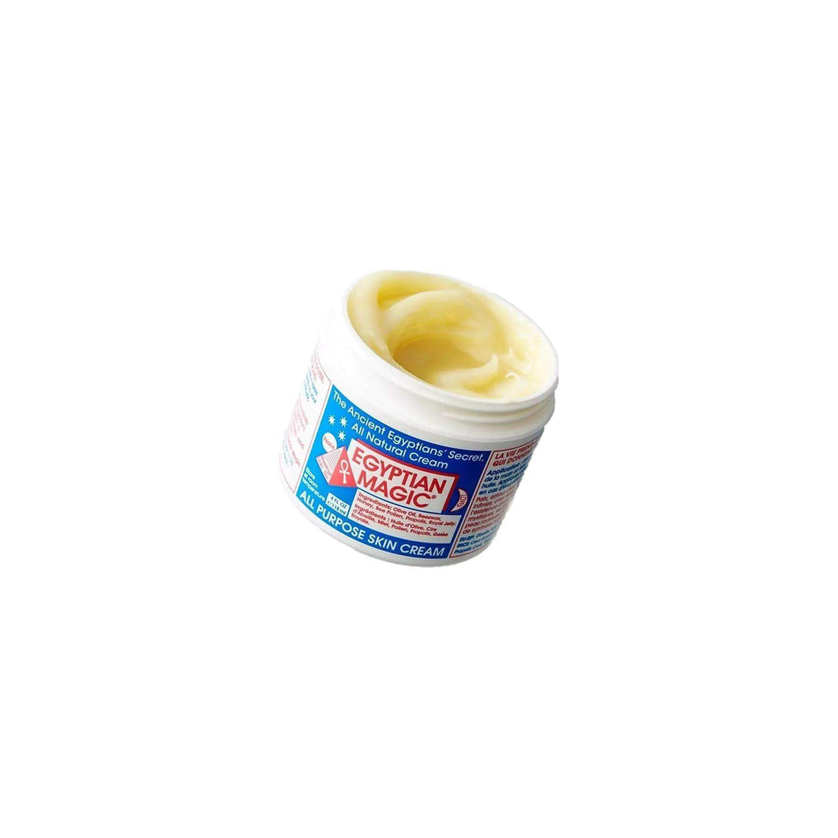 Open jar of Egyptian Magic All-Purpose Skin Cream, renowned for natural healing and versatile use, on a white background.