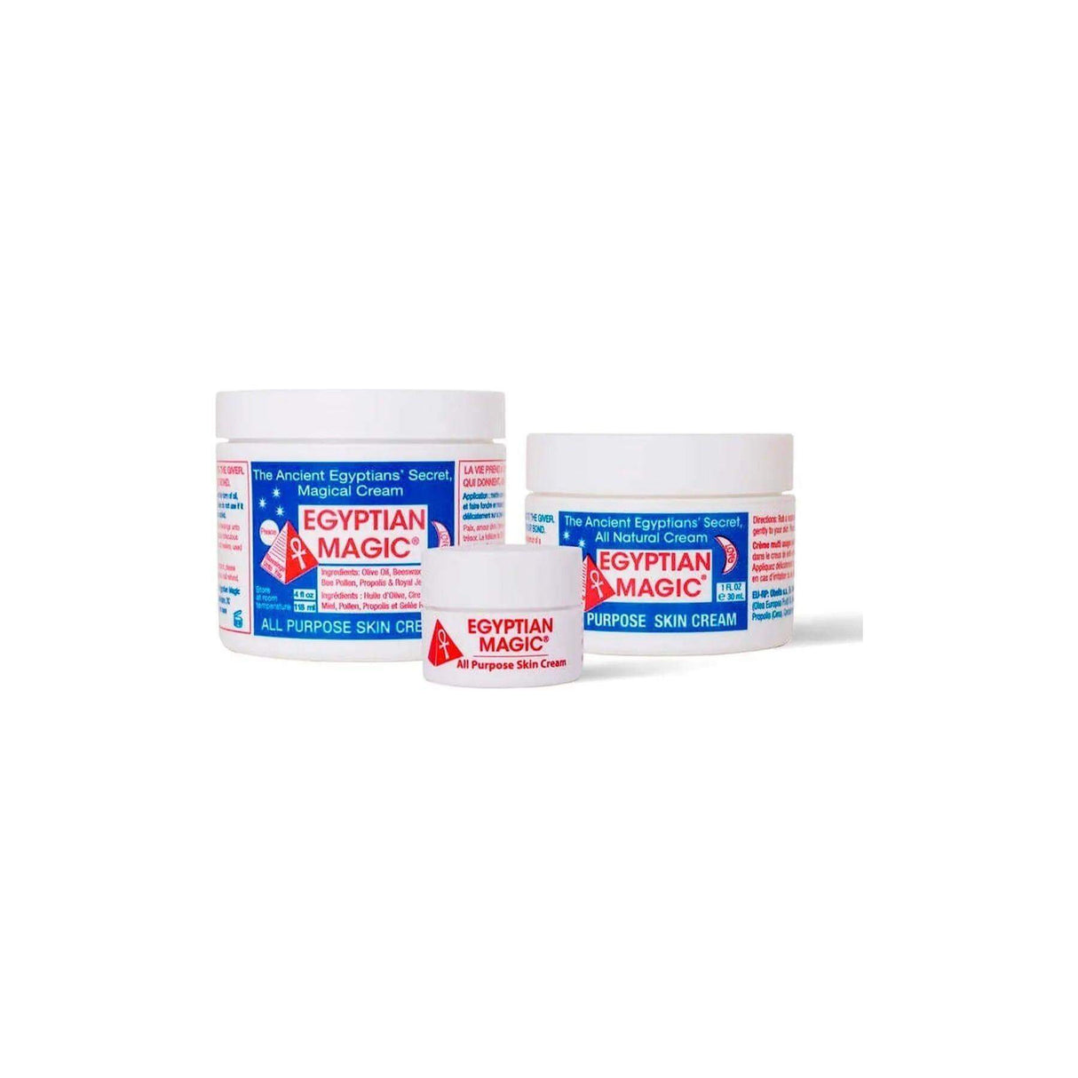 Egyptian Magic All-Purpose Skin Cream tubs showcasing healing balm with natural ingredients for skincare.