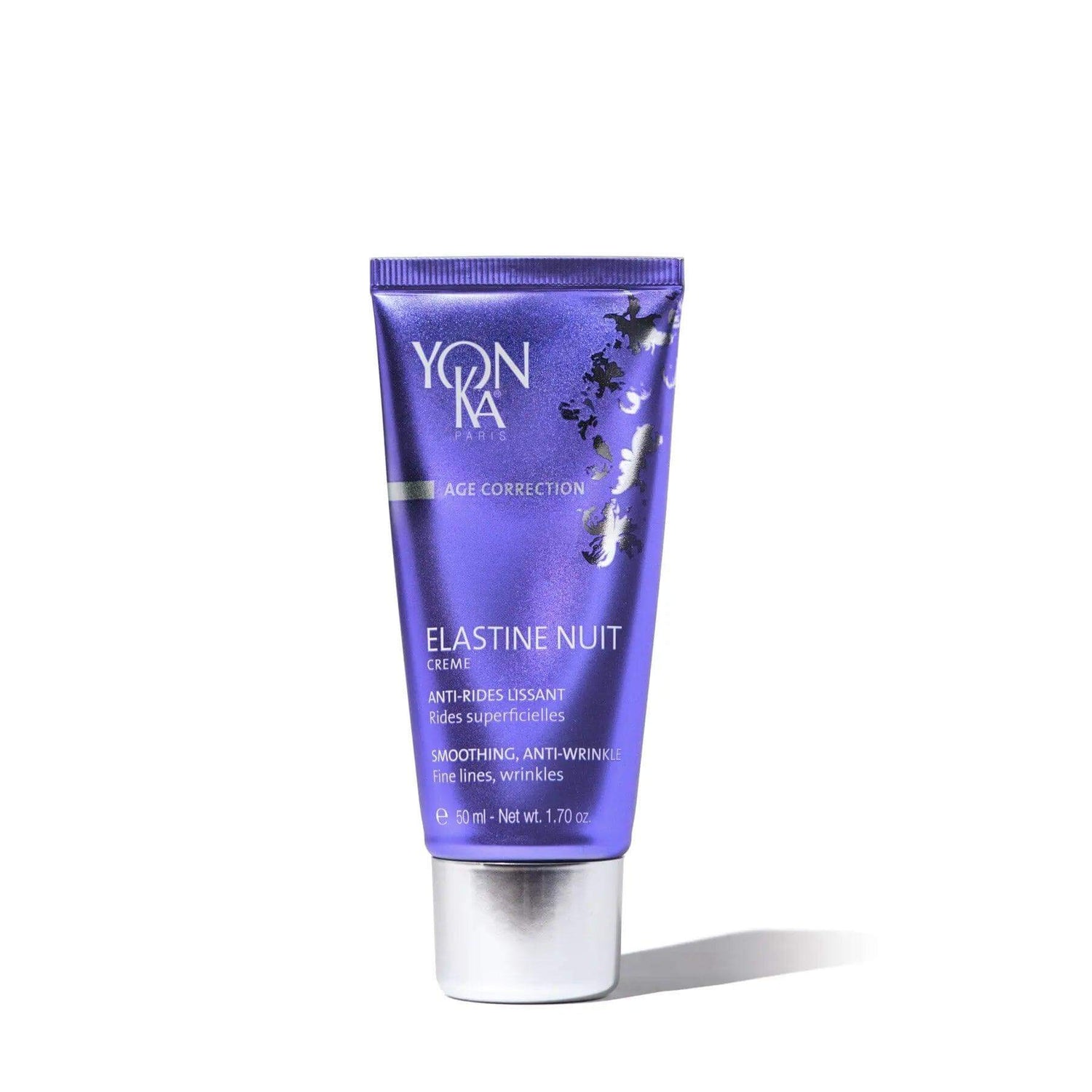 Yonka Elastine Nuit nighttime moisturizer for all skin types, targets aging signs, enhances youthful complexion, 50ml tube