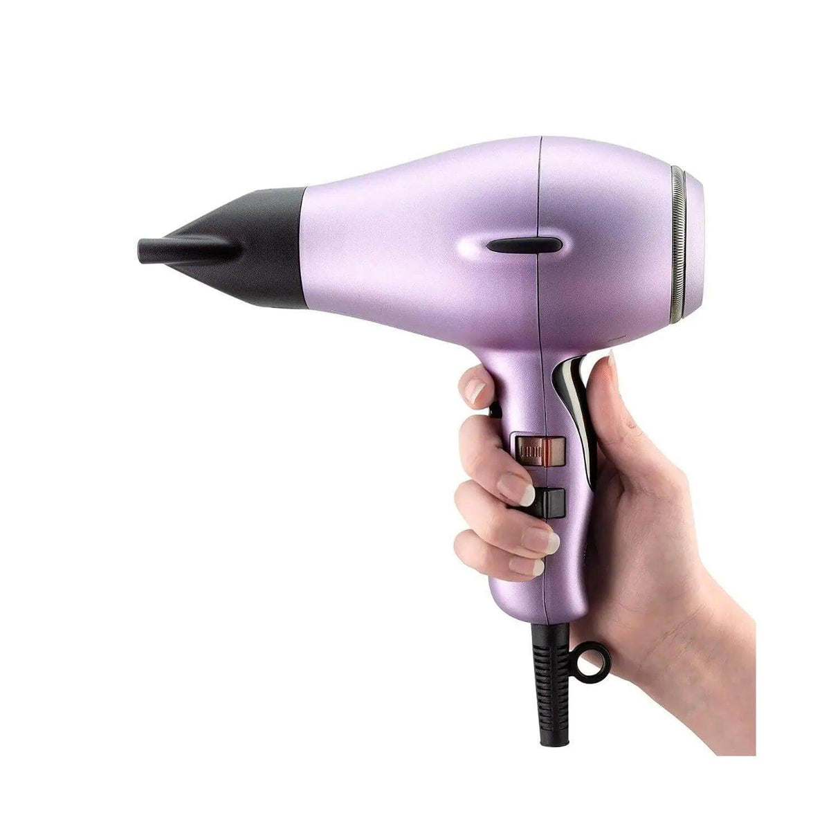 Hand holding Elchim 8th Sense RUN Hair Dryer, Lily Rose Edition with brushless digital motor for enhanced styling.