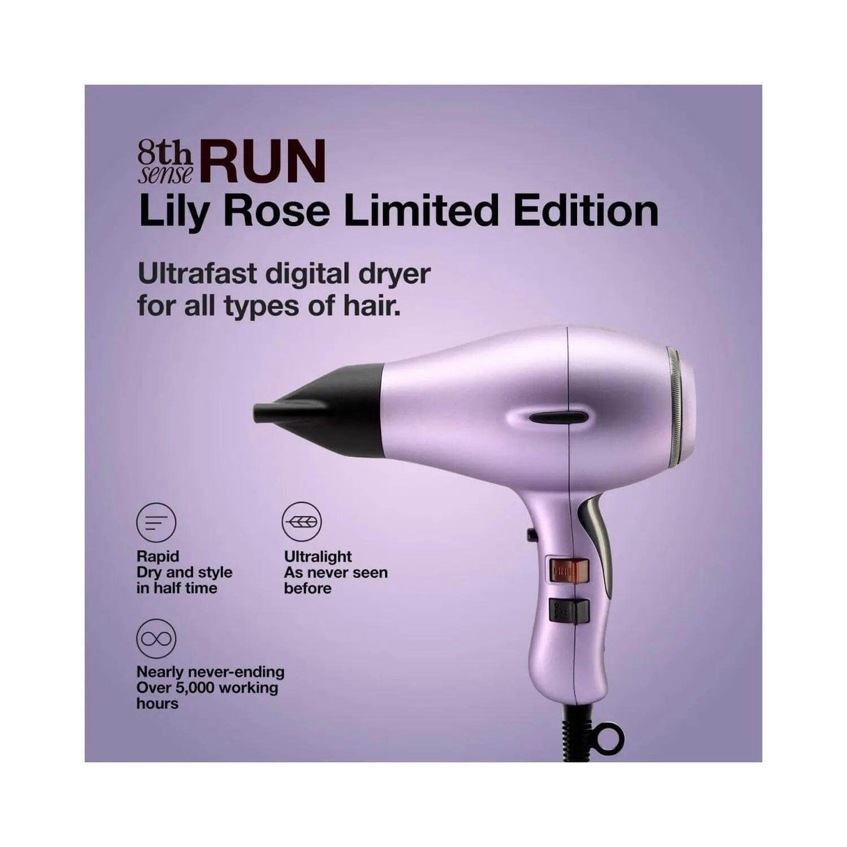 Elchim 8th Sense RUN Lily Rose Edition hair dryer with lightweight, brushless digital motor for effective hair care.
