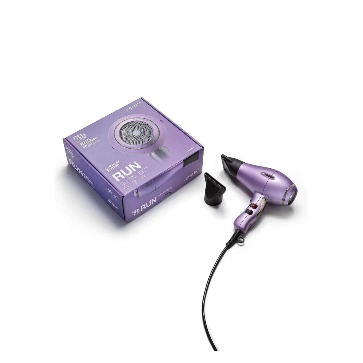 Elchim 8th Sense RUN Hair Dryer, Lily Rose Edition with packaging and nozzle attachment, featuring BLDC motor for hair integrity.