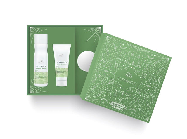 Element Trio hair care set with shampoo, conditioner, and mask in green packaging. Natural ingredients, free from silicone and sulfates.