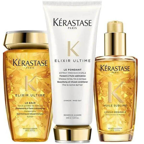 Kérastase Elixir Ultime Hair Oil Set for hydration and shine, includes shampoo, conditioner, and oil for all hair types.